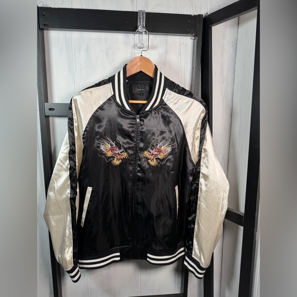 Bullet Noise Black & White Satin Sukajan Jacket, Embroidered Tigers, Size Large